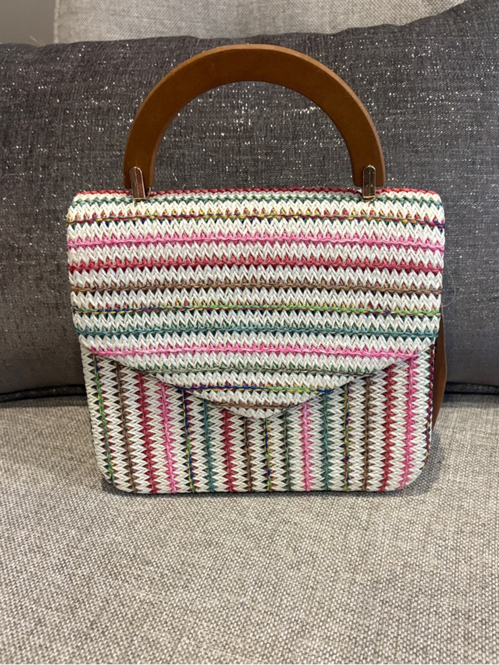 Savannah Multicolor Striped Woven Handbag with Brown Handle